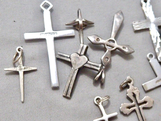 (10) VINTAGE STERLING SILVER RELIGIOUS CROSS PENDANTS OR CHARMS STAMPED STERLING