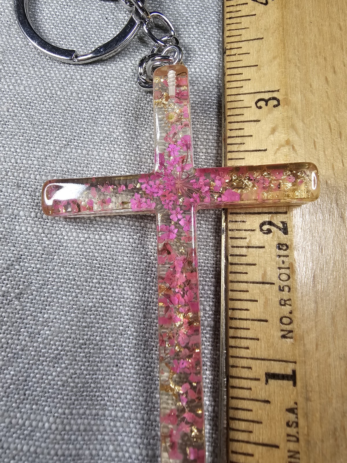 Vintage Keychain Jesus Cross Pink Acrylic Religious Christian D4