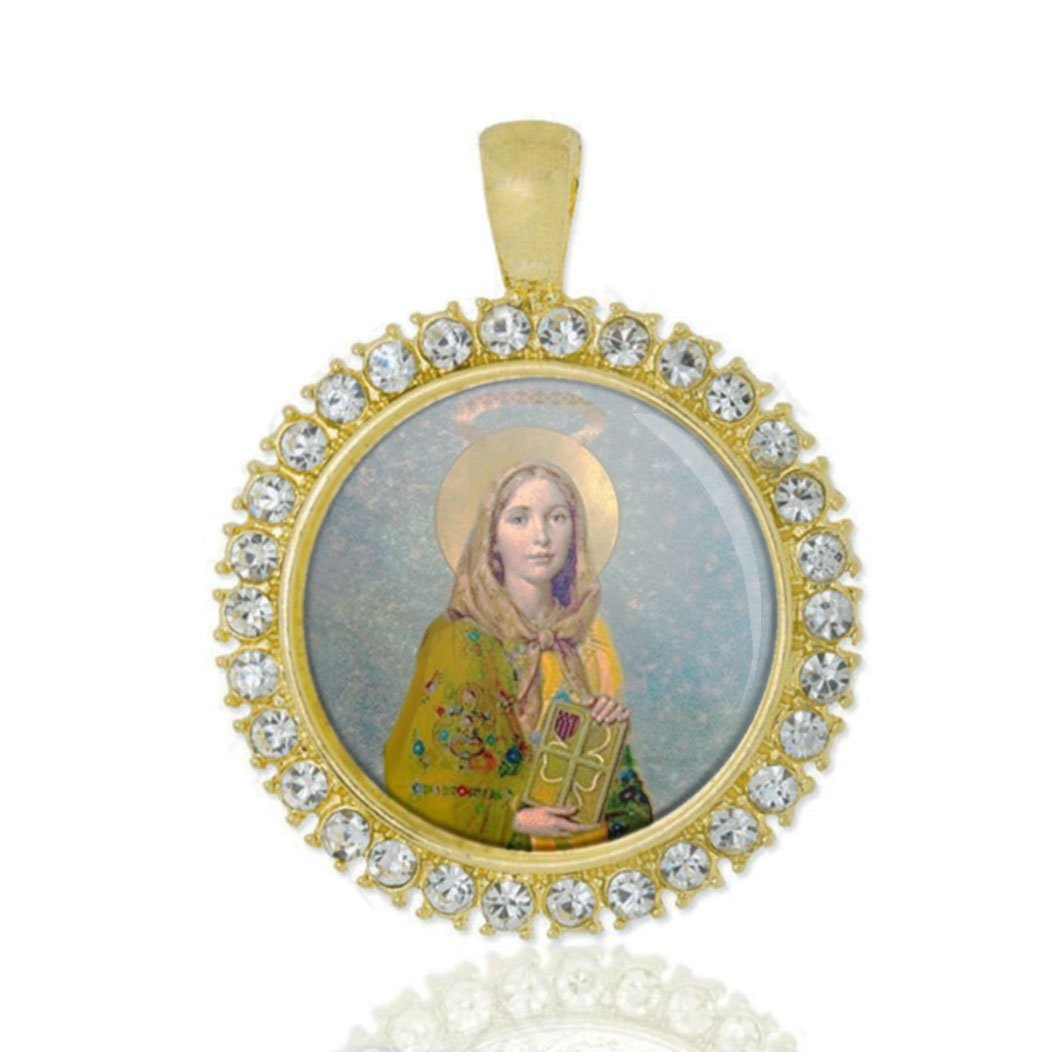 St Dymphna Christian Round Medal Gold Tone Pendant with Rhinestones