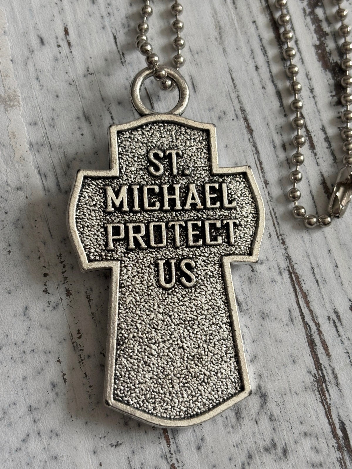 St Michael Cross 2″ In Pendant Protect Us on Bead Ball Chain w/ Velour Bag