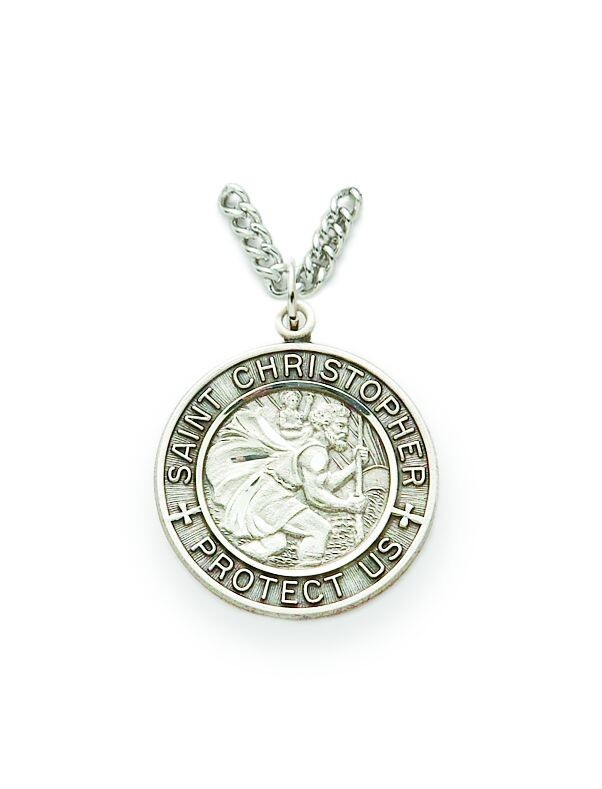 Large Antiqued Sterling Silver Saint Christopher Medal Vintage Style Necklace