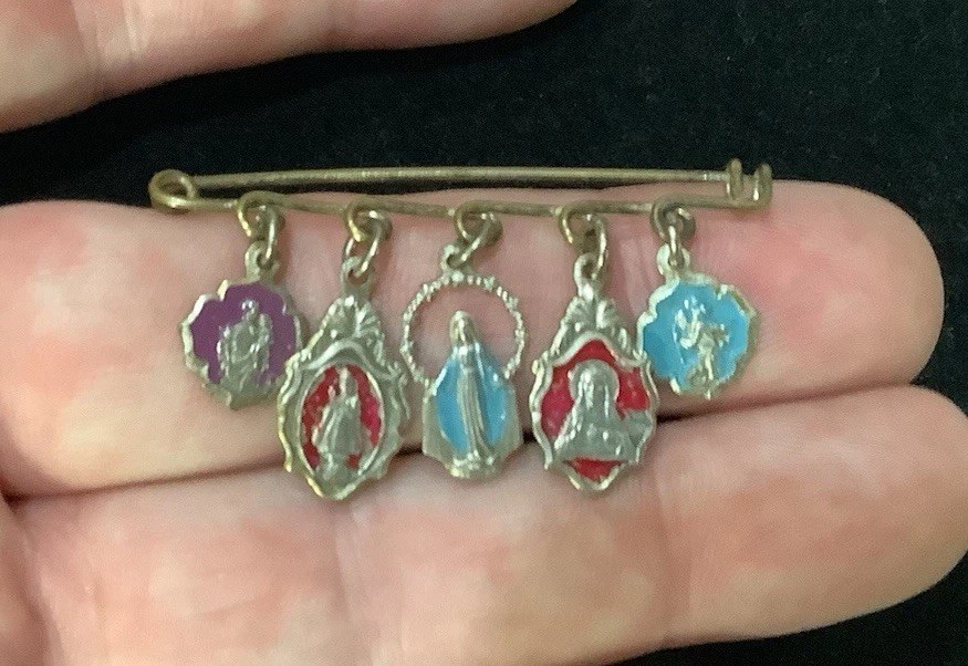 Vintage Set Of 5 Religious Medals On Pin Holder Silver Tone & Multi Colored Nice