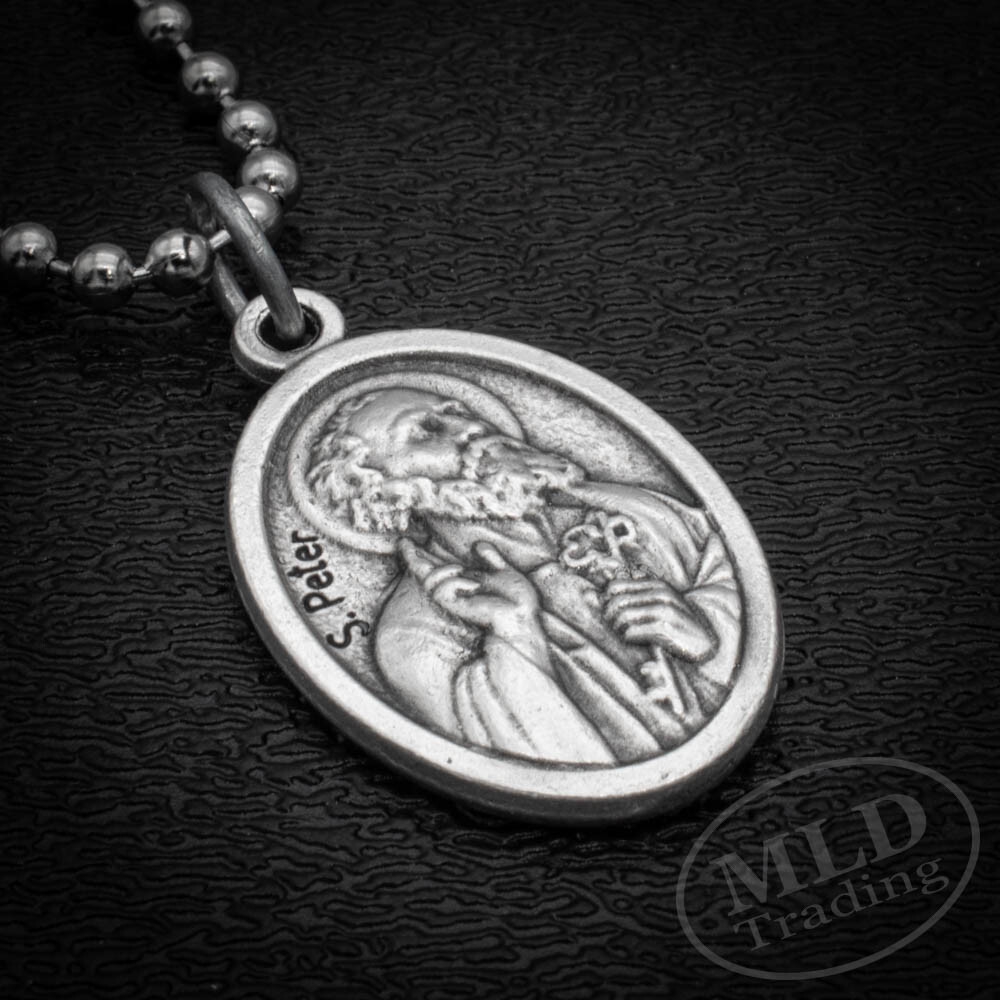 Saint Peter & St Paul Reversible Medal Pendant Necklace Italy w 24″ Ball Chain