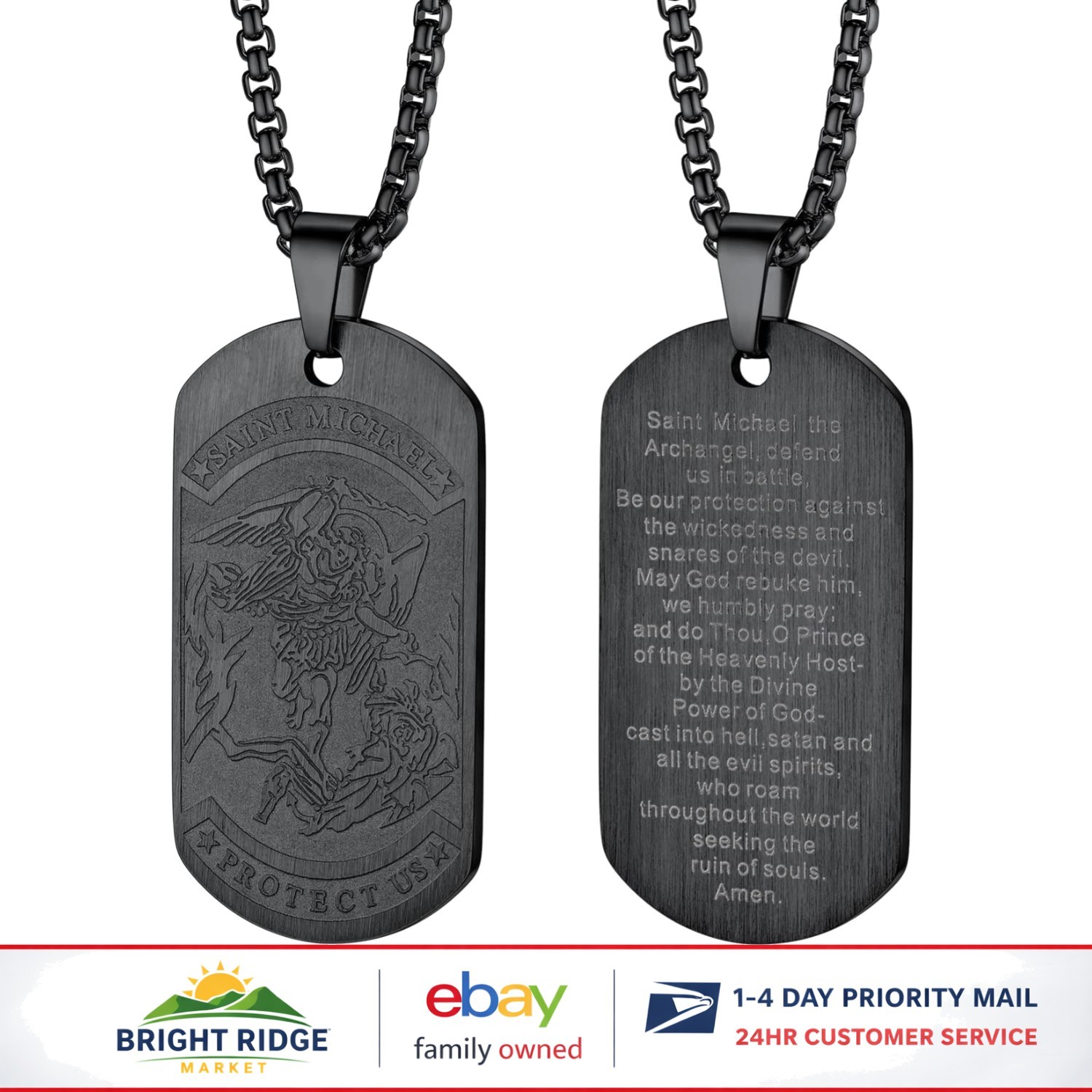 Men’s Black Plated St. Michael Necklace with Box Length 22-24 Inches