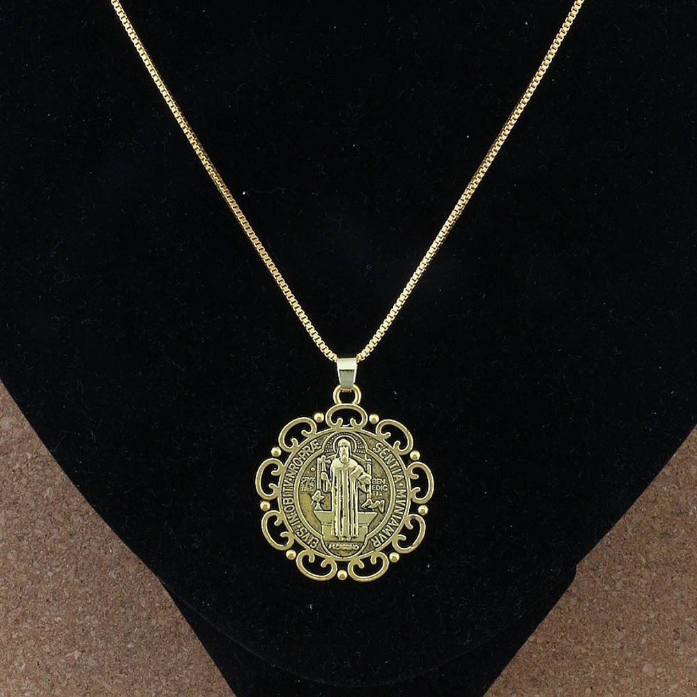 Gold Saint St Benedict Medal Filigree Border Pendant Necklace – 24″ Box Chain