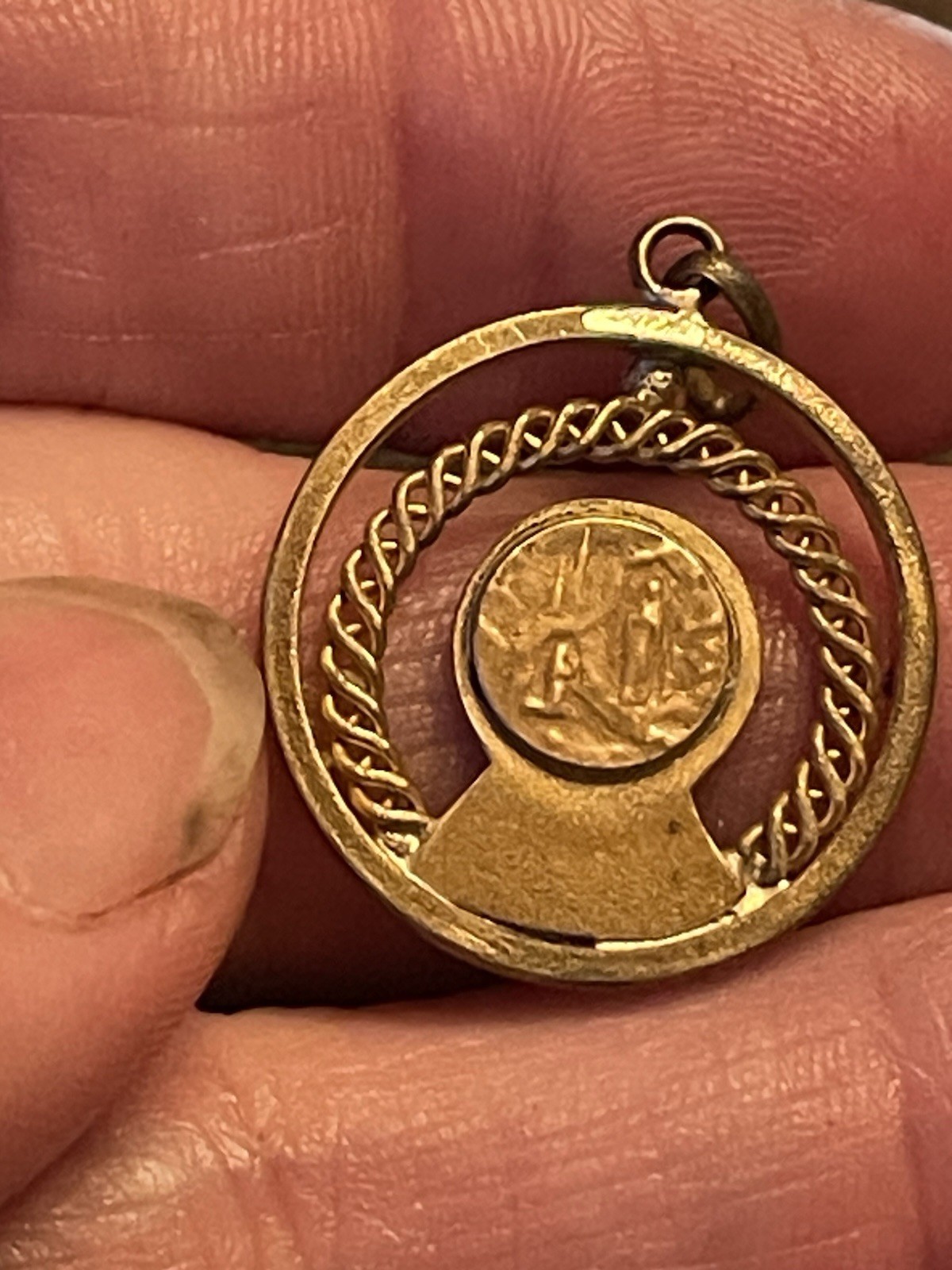 French medal Virgin Mary Retro Pendant 1” Antique Lourdes Brass Gold Unique