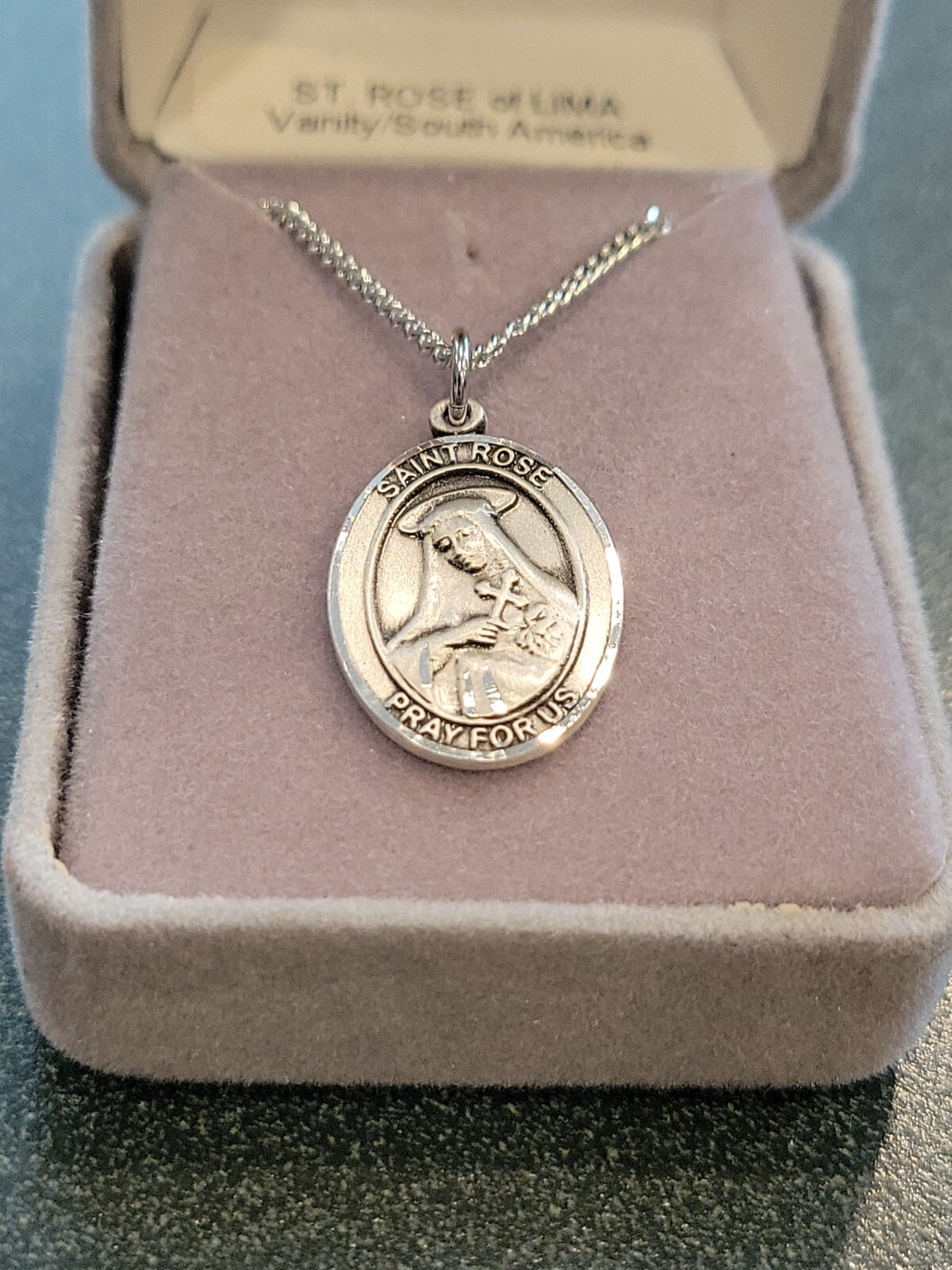 Bliss Sterling Silver Saint Rose of Lima Medal Pendant Necklace In Box 18″ Long