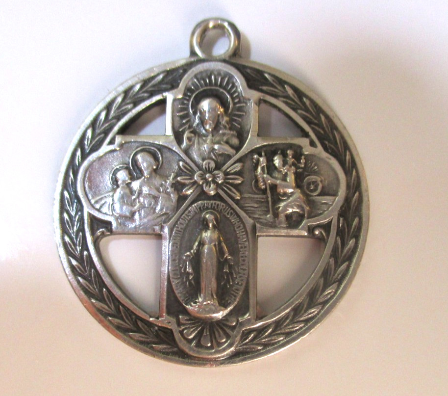 Old Sterling Medal Jesus/Mary/Joseph Pendant I am Catholic Please Call A Priest