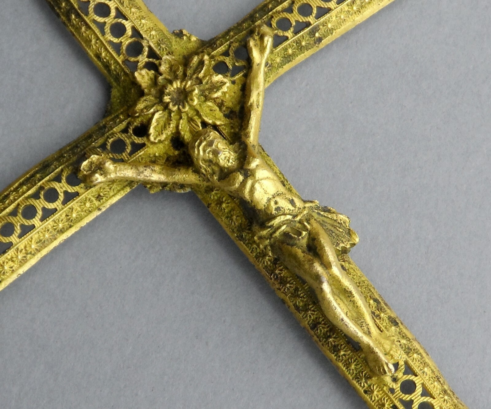 French, Antique Religious Large Brass Cross. Gold Plating Crucifix.