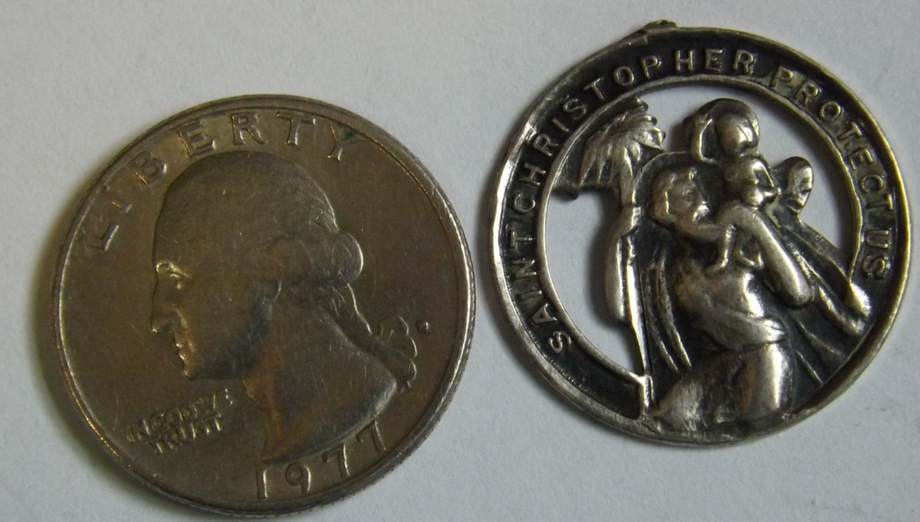 NO BAIL Sterling silver Saint Christopher safe travel open work pocket medal