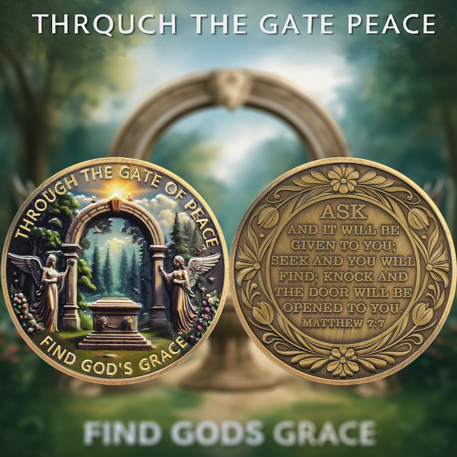 5Pc Christian Challenge Coin Find God’s Grace Matthew 7:7 Bible Verse Faith Coin