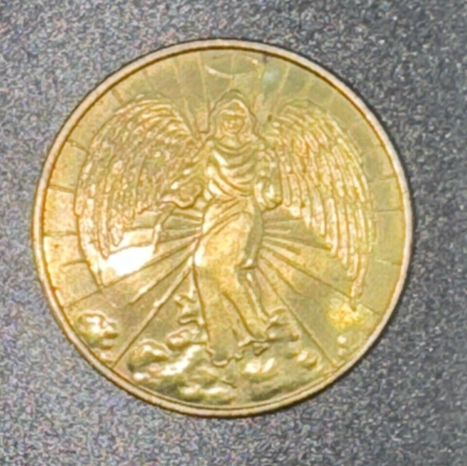 Vintage Gold Toned French Guardian Angel Medal Double Sided Religious Coin
