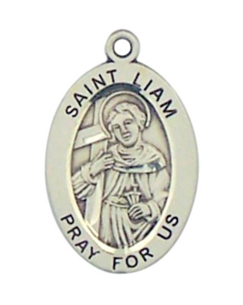 Patron Saint St Liam 7/8 Inch Oval Sterling Silver Medal on Rhodium Plated Chain