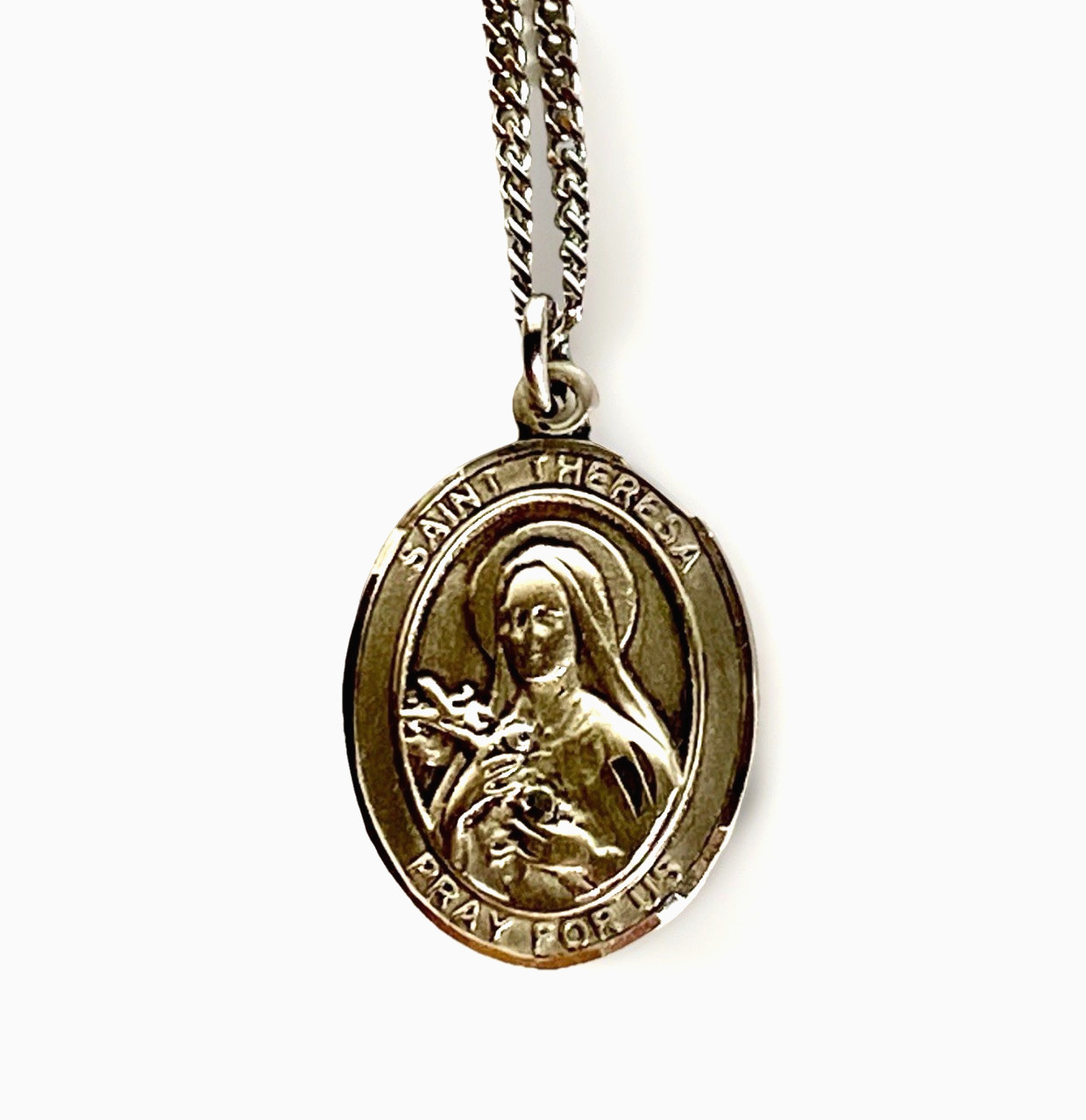 Vintage Sterling Silver Saint Theresa Medal/Pendant and Necklace, 18″ Long